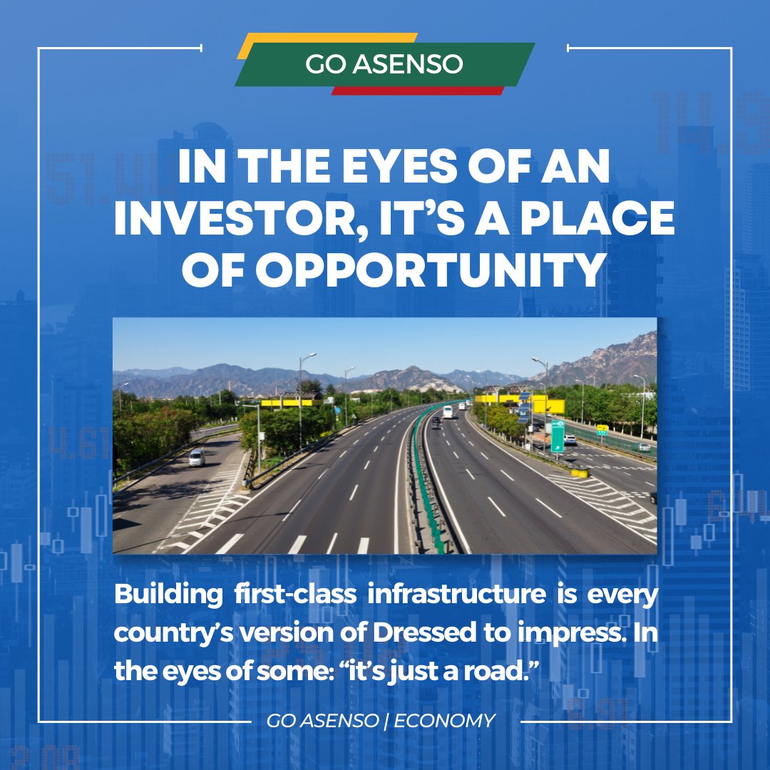 GoAsenso's tweet photo. Building first-class infrastructure is every country’s version of dressed to impress. In the eyes of some: “it’s just a road.”

In the eyes of an investor, it’s a place of opportunity.

#PhilippineEconomy #infrastructuredevelopment #GoAsensoPilipinas #PilipinasMuna #TransportPH https://t.co/iFnhMawd2X