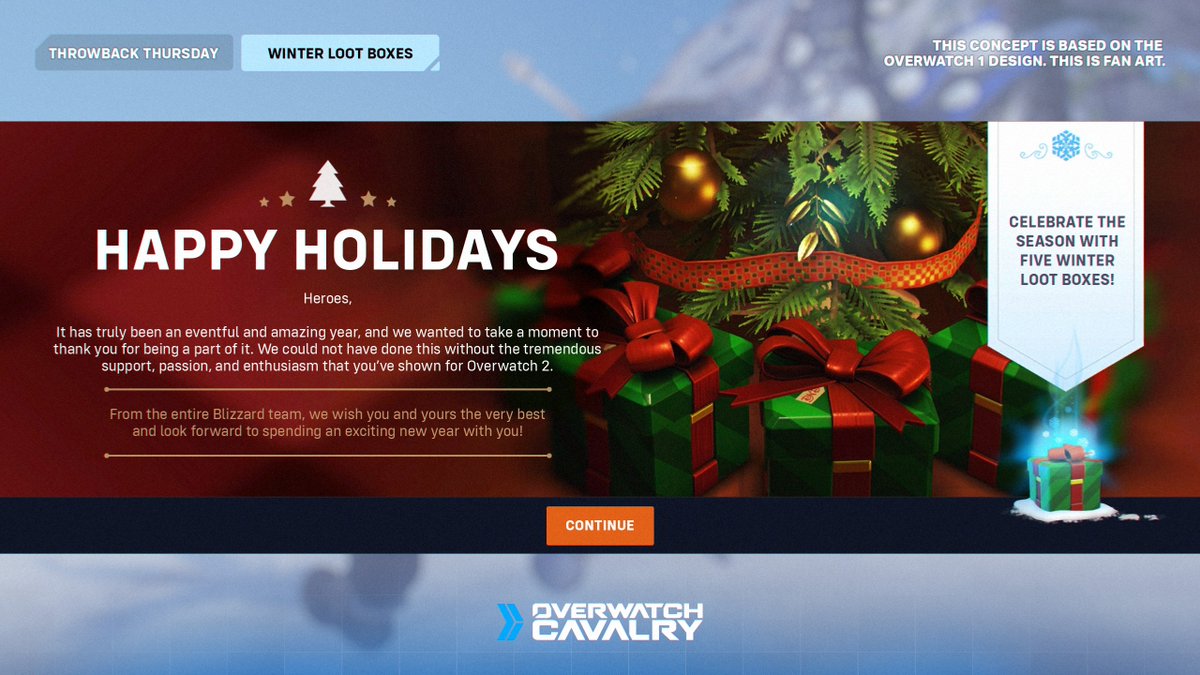 OWCavalry's tweet photo. It's December 1st, and we're missing the Winter Loot Boxes 🎁

Before Overwatch 2, you could log in on Christmas Day and get Five FREE Winter Loot Boxes with a nice message to go with it ❄️

#ThrowbackThursday https://t.co/neM43gwrm7