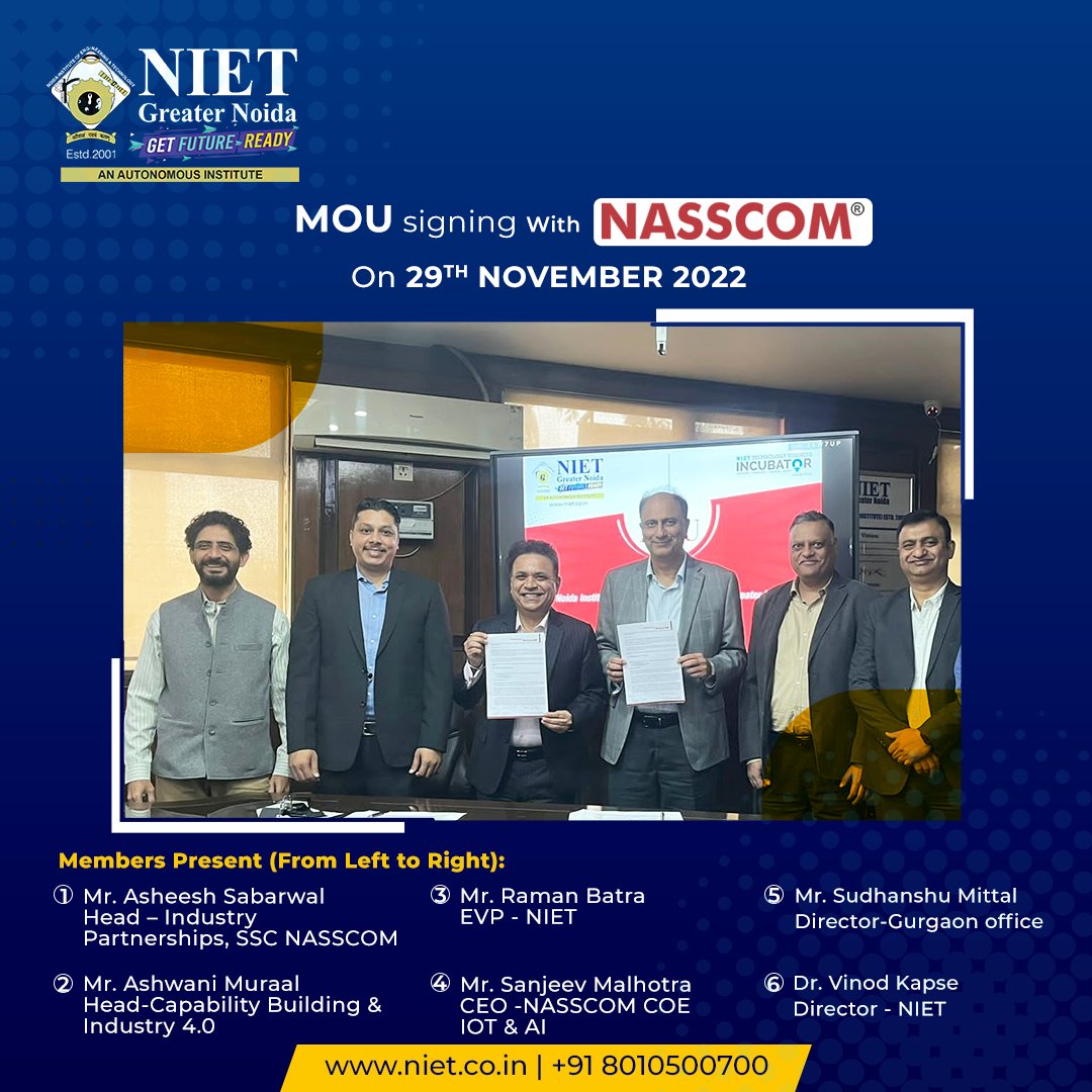 niet_grnoida's tweet photo. Great moment as NIET Greater Noida signed an MOU with NASSCOM !!
#niet #nietgreaternoida #mou #nasscom #collaboration #thinknietthinkahead #thinkplacementthinkniet #mousigning #signingmou https://t.co/sKxHUQxvc0