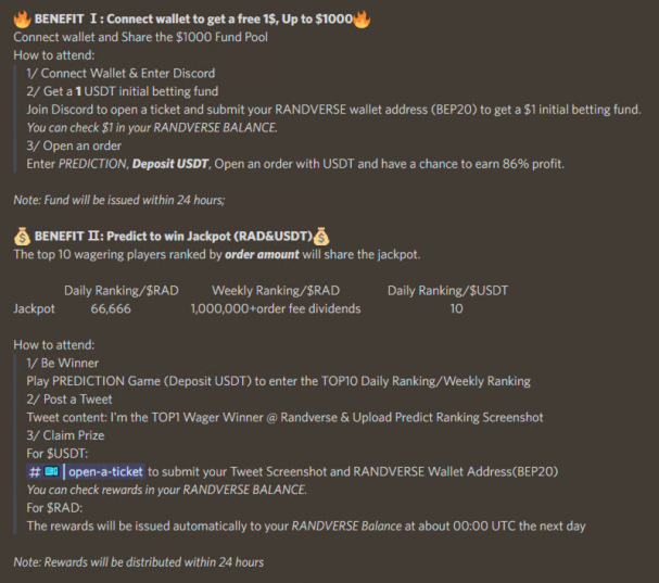🤩#Randverse Dec activities coming! 
(Start from 1 Dec 00:00 UTC)

🔥BENEFIT I:  Connect wallet to get a free $1 up tp $10000
🔥BENEFIT II: Predict to win Jackpot(RAD&amp;USDT)💰

Portal:randverse.world/Prediction

For more details to check the pic below👇
#giveaways #USDT #game