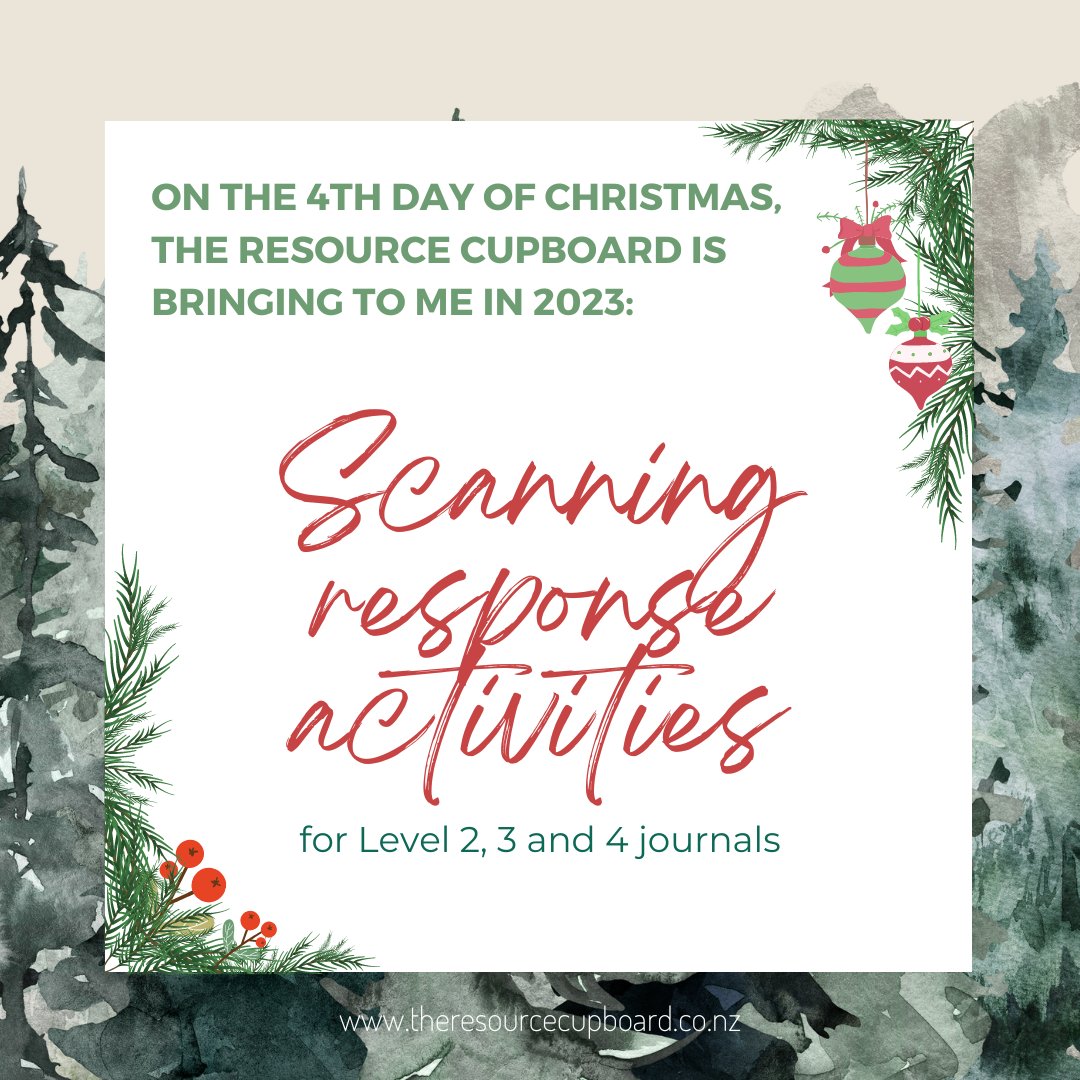 TheResourceNZ's tweet photo. On the 4th day of Christmas, The Resource Cupboard is bringing to me in 2023: Scanning response activities for Level 2, 3 and 4 journals.

https://t.co/COjEy2oTgJ

#12daysofchristmas #theresourcecupboard #readingresources #guidedreadingplans #teachersoftwitter #schooljournals https://t.co/RtUv9FW0OH