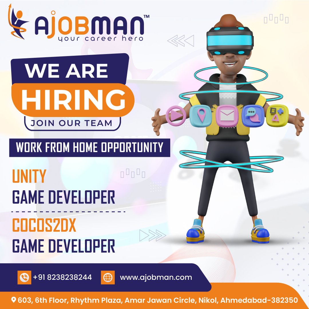 💥#WORKFROMHOMEOPPORTUNITY💥
We Are Looking for #GAMEDEVELOPER!
1. #UNITYGAMEDEVELOPER
2. #COCOS2DXGAMEDEVELOPER
APPLY NOW!
📌You can work minimum 4 Hours.
💯% #jobplacement
👉Terms & condition apply
Contact us more Detail: - 
📲+91 6354025628, +91 8238238244