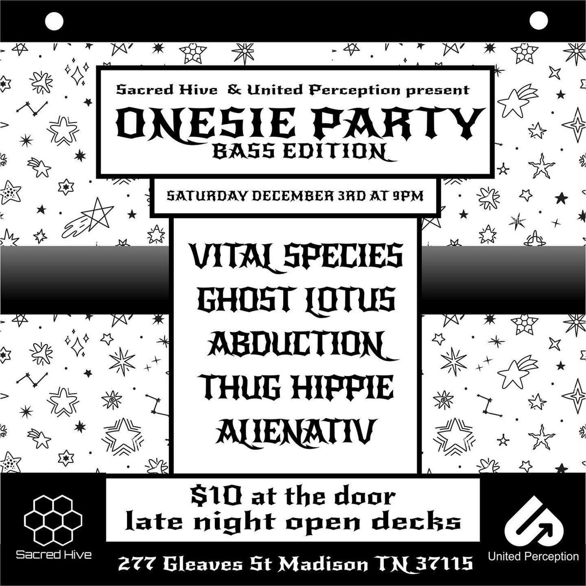 ElectricEvents_'s tweet image. SATURDAY 

12.3.22 Onesie Party Bass Edition ft Vital Species ▪️ Ghost Lotus ▪️ Abduction ▪️ Thug Hippie ▪️ Alienativ ⚡️ 

Event Info:
facebook.com/events/s/onesi…

#edm #electricevents #nashvilleedm #edmnashville #thingstodoinnashville #nashville #musiccity @Sacred_Hive