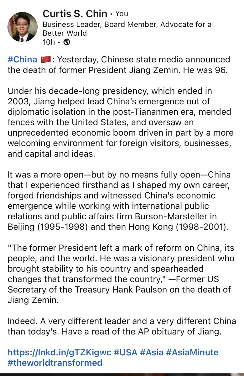 🚶🏻Curtis S. Chin (@curtisschin) on Twitter photo #Asia 🌏: Some thoughts on #JiangZemin as I reflect back on how I began my intl career, first in Tokyo 1990, & then in Beijing & Hong Kong 1995-2001.
<a href="/charleshutzler/">Charles Hutzler</a> <a href="/WuDunn/">Sheryl WuDunn</a> <a href="/NickKristof/">Nicholas Kristof</a> <a href="/CLinFu/">Charlene Fu</a> <a href="/rmack/">Rebecca MacKinnon</a> @sdseligman <a href="/shurifukunaga/">Shuri Fukunaga</a>
linkedin.com/posts/curtis-s… #theworldtransformed #Asia 🌏: Some thoughts on #JiangZemin as I reflect back on how I began my intl career, first in Tokyo 1990, & then in Beijing & Hong Kong 1995-2001.
<a href="/charleshutzler/">Charles Hutzler</a> <a href="/WuDunn/">Sheryl WuDunn</a> <a href="/NickKristof/">Nicholas Kristof</a> <a href="/CLinFu/">Charlene Fu</a> <a href="/rmack/">Rebecca MacKinnon</a> @sdseligman <a href="/shurifukunaga/">Shuri Fukunaga</a>
linkedin.com/posts/curtis-s… #theworldtransformed