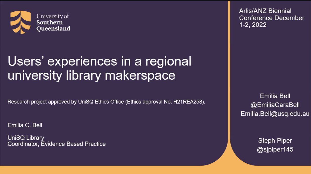 AnzArlis's tweet photo. USER EXPERIENCES IN A REGIONAL UNIVERSITY LIBRARY MAKERSPACE

Emilia Bell, Coordinator (Evidence Based Practice), Library Services at University of Southern Queensland

#ArlisANZ22 https://t.co/D4paSaaaFX