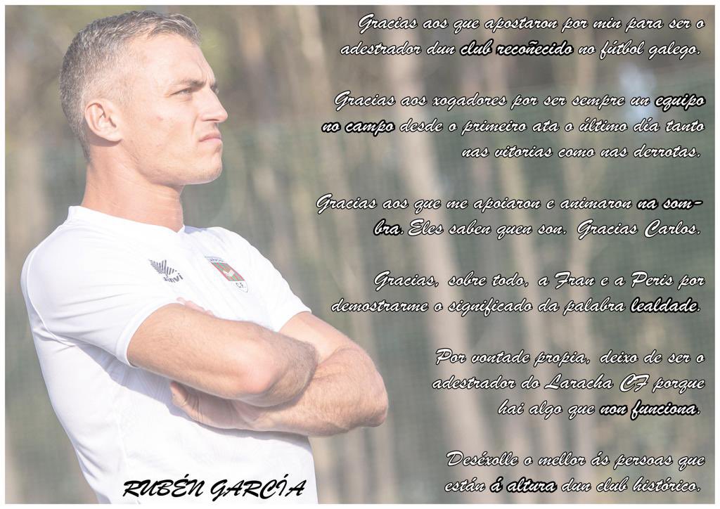 Laracha Club de Fútbol (@larachacf) on Twitter photo O adestrador do primeiro equipo <a href="/rubengarciado/">Rubén García</a> decide dar un paso a un lado e presentar a súa renuncia. Aquí están os motivos O adestrador do primeiro equipo <a href="/rubengarciado/">Rubén García</a> decide dar un paso a un lado e presentar a súa renuncia. Aquí están os motivos
