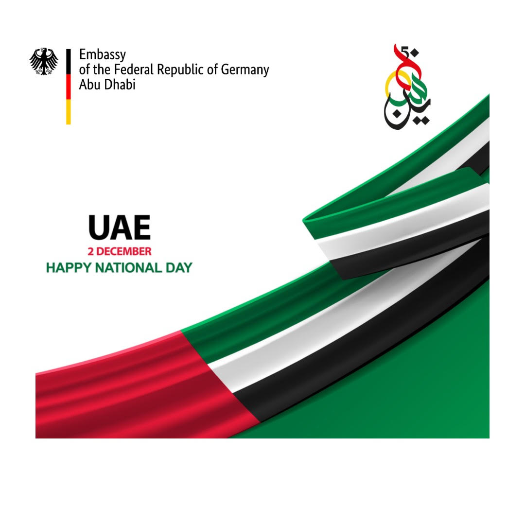 GermanEmbUAE's tweet photo. Happy ⁦UAE National Day to all our Emirati friends 🇦🇪   يوم وطني سعيد لدولة الإمارات العربية المتحدة 🇦🇪  

#uae #uaenationalday51 #germanyinuae #عيد_الاتحاد #الإمارات_العربية_المتحدة https://t.co/86T9EhfB3T