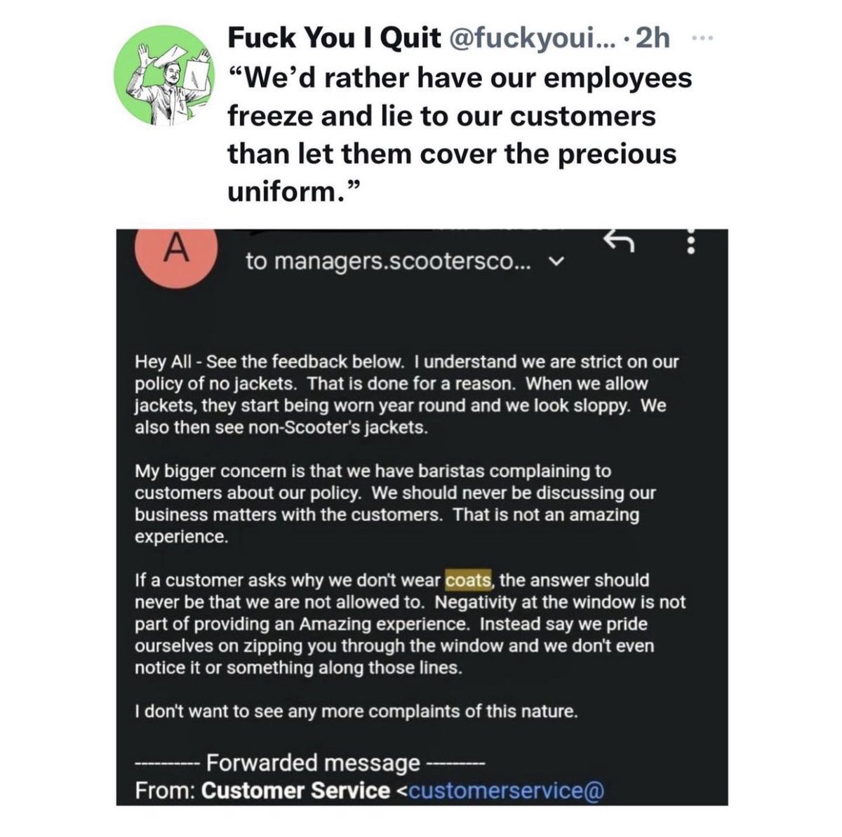 jschools18's tweet image. Hey @scooterscoffee logo’d jackets aren’t really that expensive and is way nicer than saying “I’d rather you freeze than make our customers feel sad” #scooterscoffee #employeeabuse