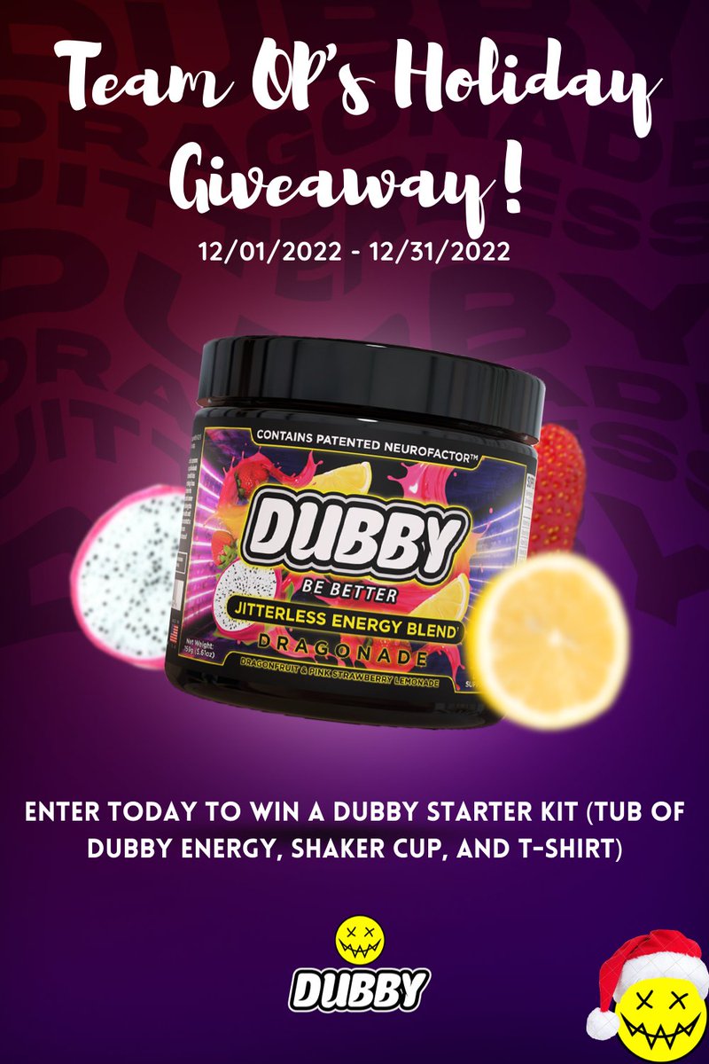 ‼️ Team OP's Holiday Giveaway is now LIVE ‼️ 
Enter in to win some product from our amazing sponsor <a href="/DubbyEnergy/">DUBBY®</a>  (A tub of dubby energy, shaker cup, and t-shirt) 
Winner will be announced on 01/01/2023!
👇 Link to enter below 👇
gleam.io/j2wgP/team-ops…