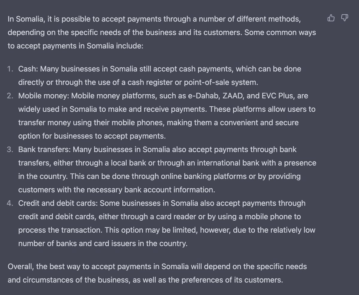 This is gpt3 chat’s response to “how can merchants accept online payments in Somalia”