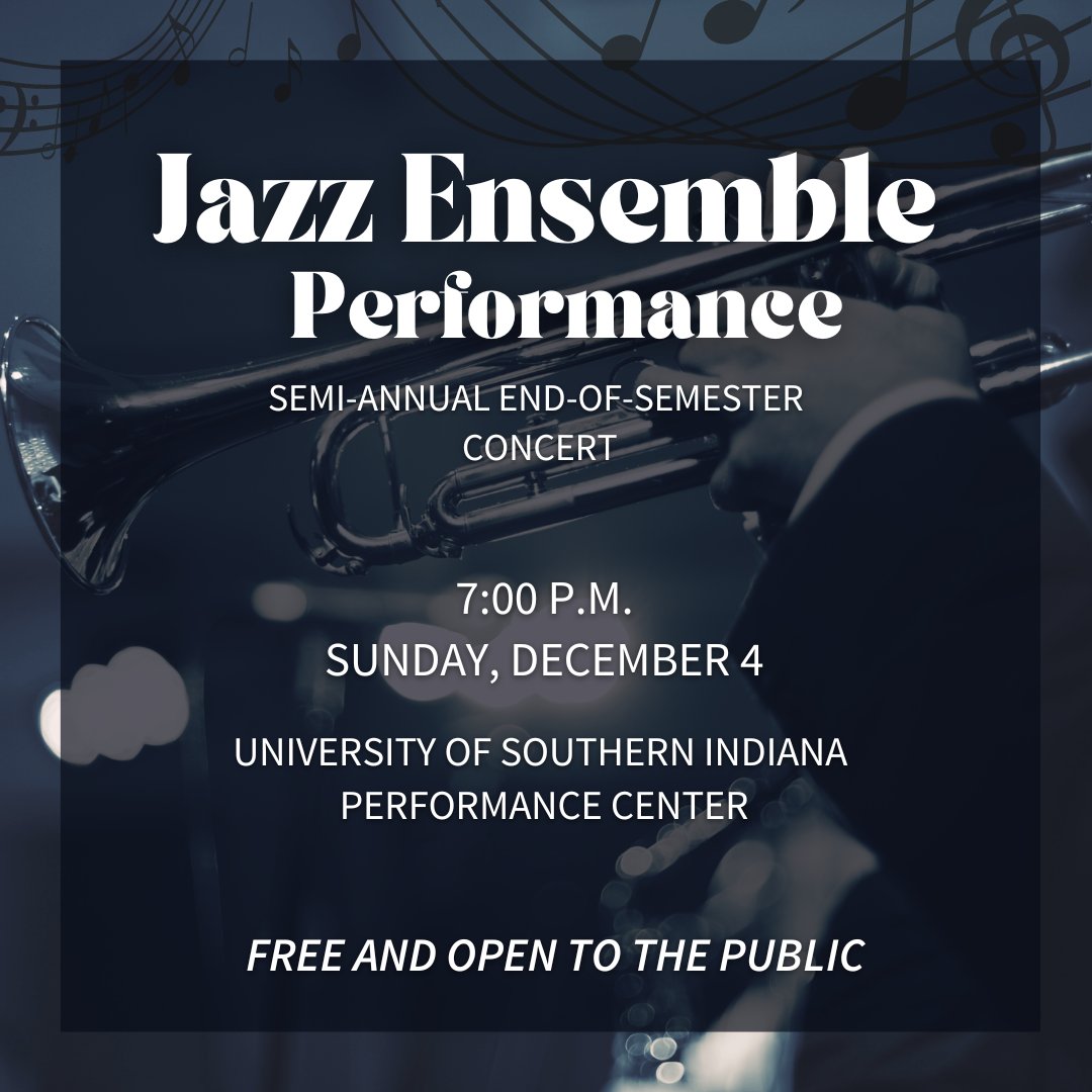 Don't miss this performance by the University of Southern Indiana Jazz Ensemble! Free and open to the public. 7 P.M. on Sunday, December 4th in the Performance Center. #Concert #JazzPerformance #USIedu