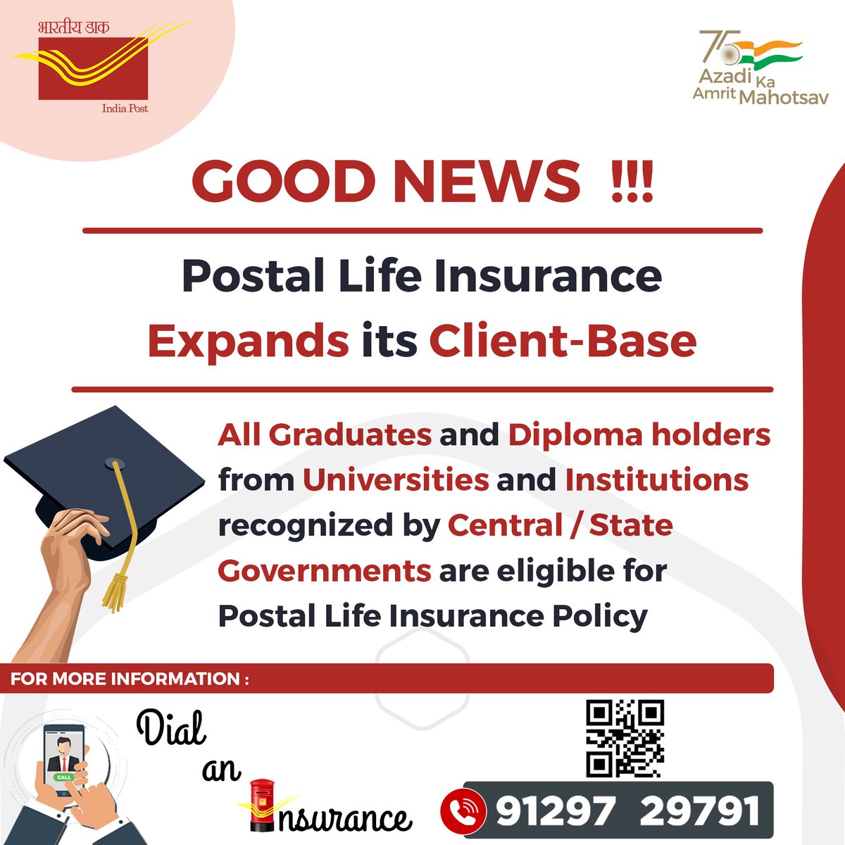 pmgmumbai's tweet image. Good News ! Good News !! Good News !!!

All Graduates and Diploma holders from Universities and Institutions recognized by Central / State Governments are eligible for Postal Life Insurance Policy.

For more information - Call - 91297 29791

#bestlifeinsurance
