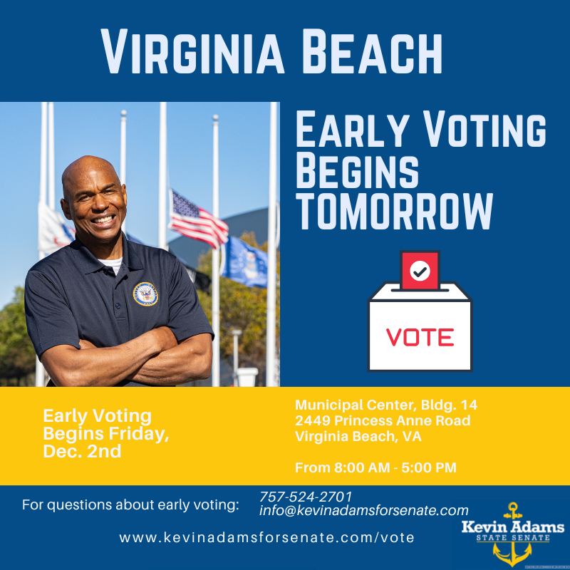 kevinadamsva's tweet photo. 🚨Virginia Beach - It is almost time!🚨

Polls are open for early voting in the special election for Senate District 7 TOMORROW from 8 AM to 5 PM at Municipal Center, Bldg. 14 - 2449 Princess Anne Road, Virginia Beach, VA.

Get out and make your voice heard! 🗳️ #VoteAdams https://t.co/Lp7RwwuW6t