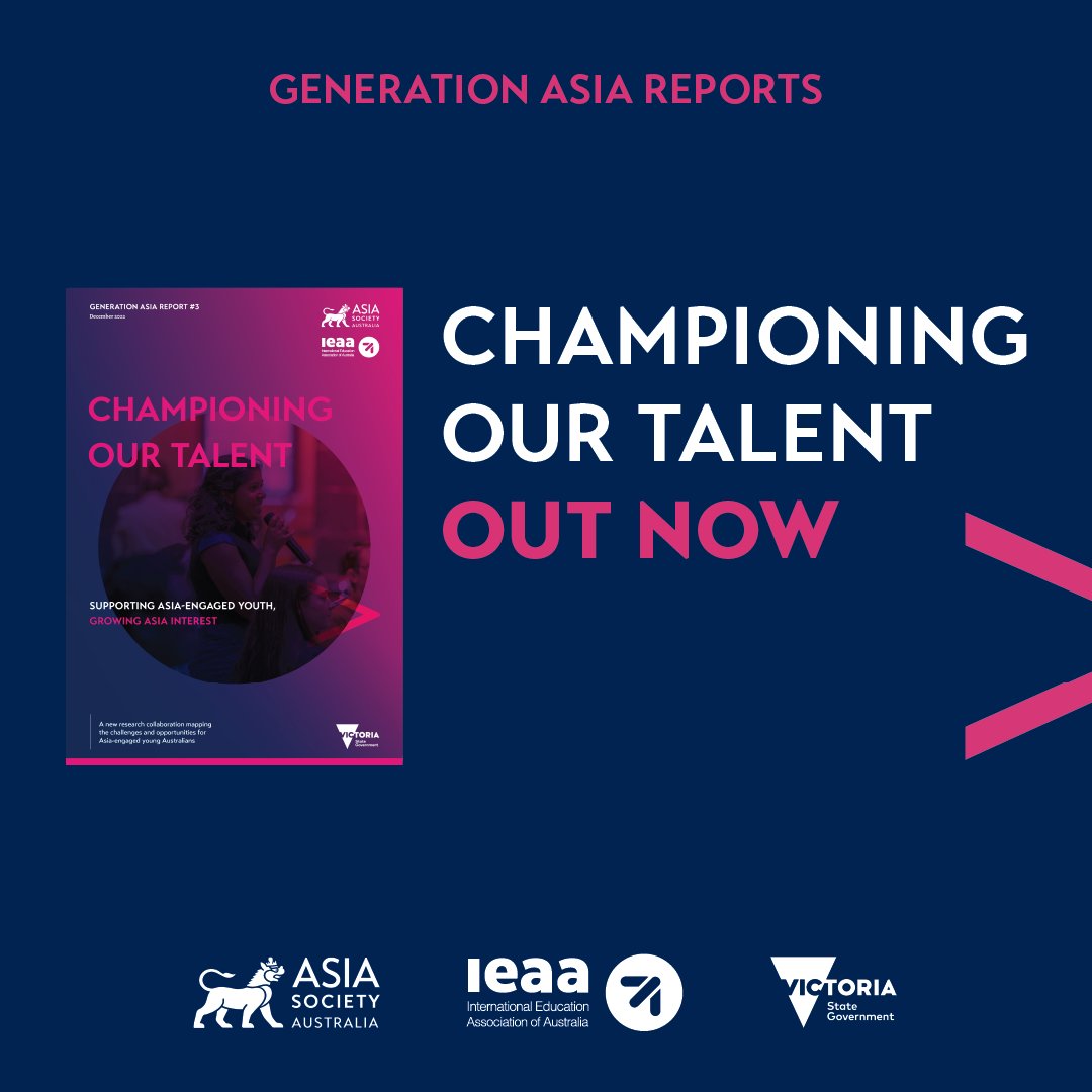 AsiaSocietyAus's tweet photo. OUT NOW: #GenerationAsia Report #3 'Championing our Talent' in partnership with @IEAAustralia. Presenting 10 data-informed recommendations to empower Asia-engaged young people and to grow Asia-interest into 2023 and beyond. 
Read it here: https://t.co/jYTJVZGooy https://t.co/dd675ZaKav