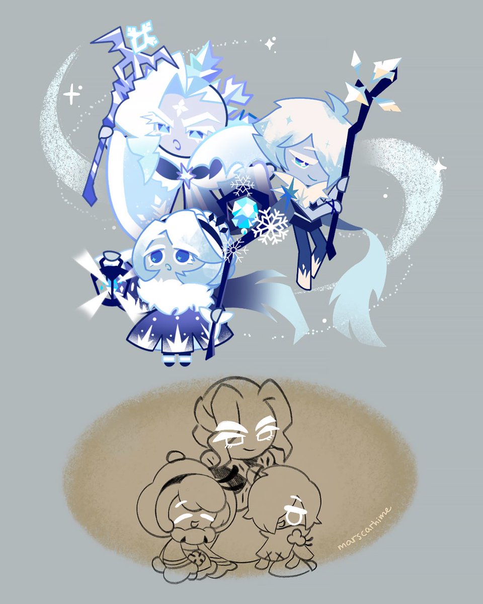 With Sherbet finally home, I wanted to imagine Cotton as a frost spirit ❄️ All my ice babies together~ #cookierunkingdom #SherbetCookie #cottoncookie #frostqueencookie