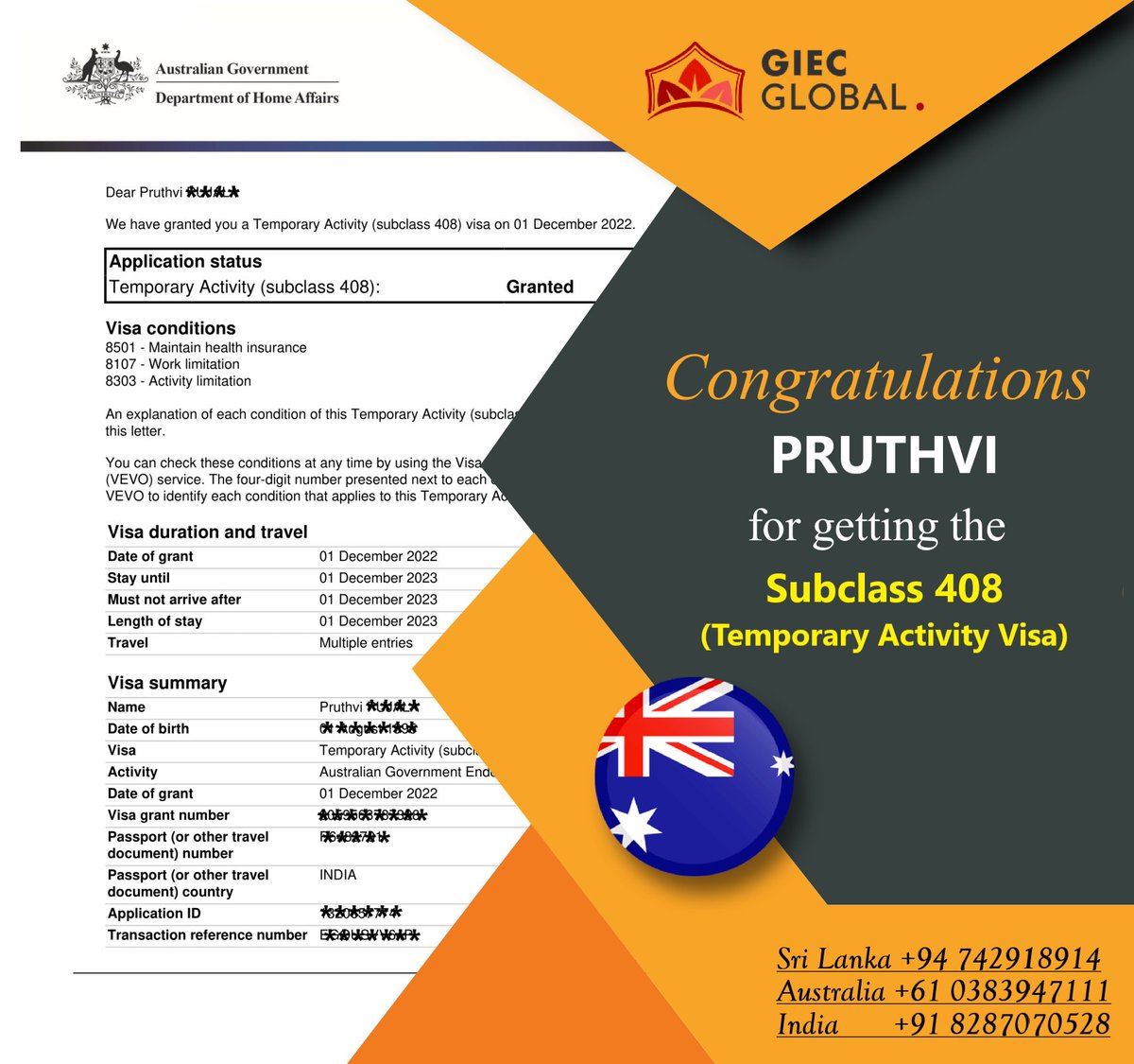 GiecGlobal's tweet image. Subclass 408 Temporary Activity Visa Granted!!!

🎉🎉Heartiest Congratulations to PRUTHVI for the #temporaryactivity visa and best wishes for the future in Australia😀.

Or Visit our website:
giecglobal.com.au/portfolio-deta…

#giecglobal #subclass408 #activityvisa #australiastudyvisa