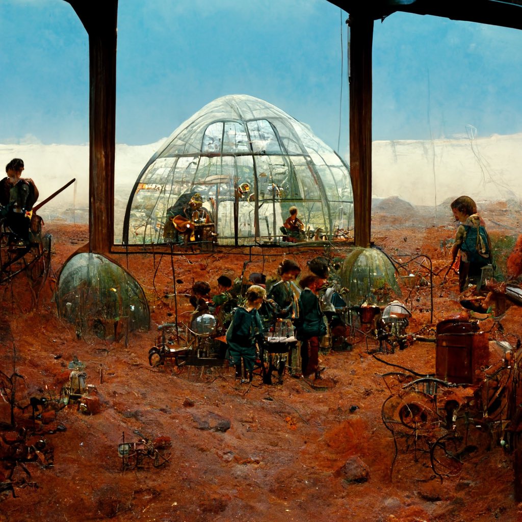 SarahJanisseB's tweet photo. Mars Colony Art Gallery- images 13-16
Years: 2068 - 2097 Artwork from the future depicting the settlements, survival, lifestyle and technology of the Mars Colonies. #Mars #lifeonmars #spacetravel #marscolony #SpaceX #marsart https://t.co/YEYEu82zSc
