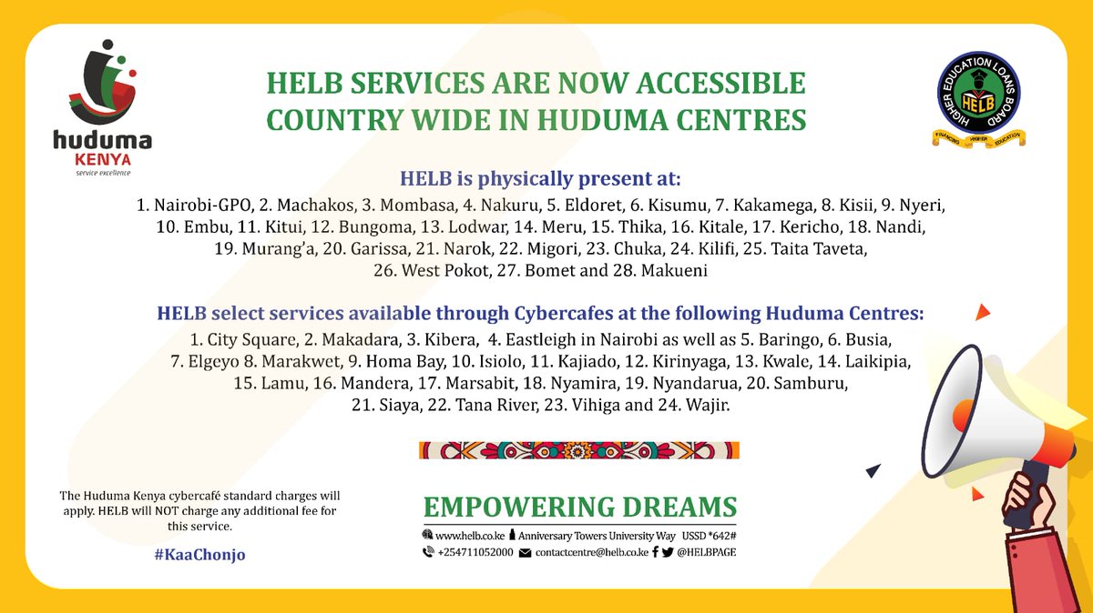 Happy New Month! HELB Services are now accessible countrywide in Huduma Centres!