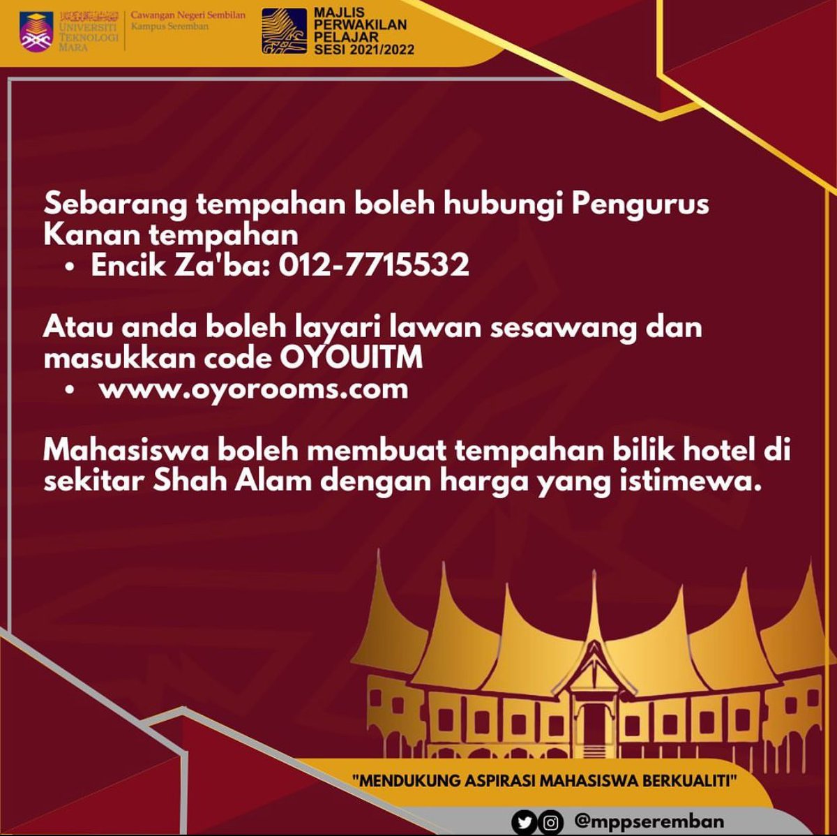 mppseremban's tweet photo. Assalamualaikum WBT,
Salam Sejahtera,
Salam UiTM DiHati.

KHAMIS | 1 DISEMBER 2022 | 1318

⚜ TAWARAN PENGINAPAN ISTIMEWA BUAT GRADUAN UiTM ⚜ https://t.co/pNIwDZGvzi