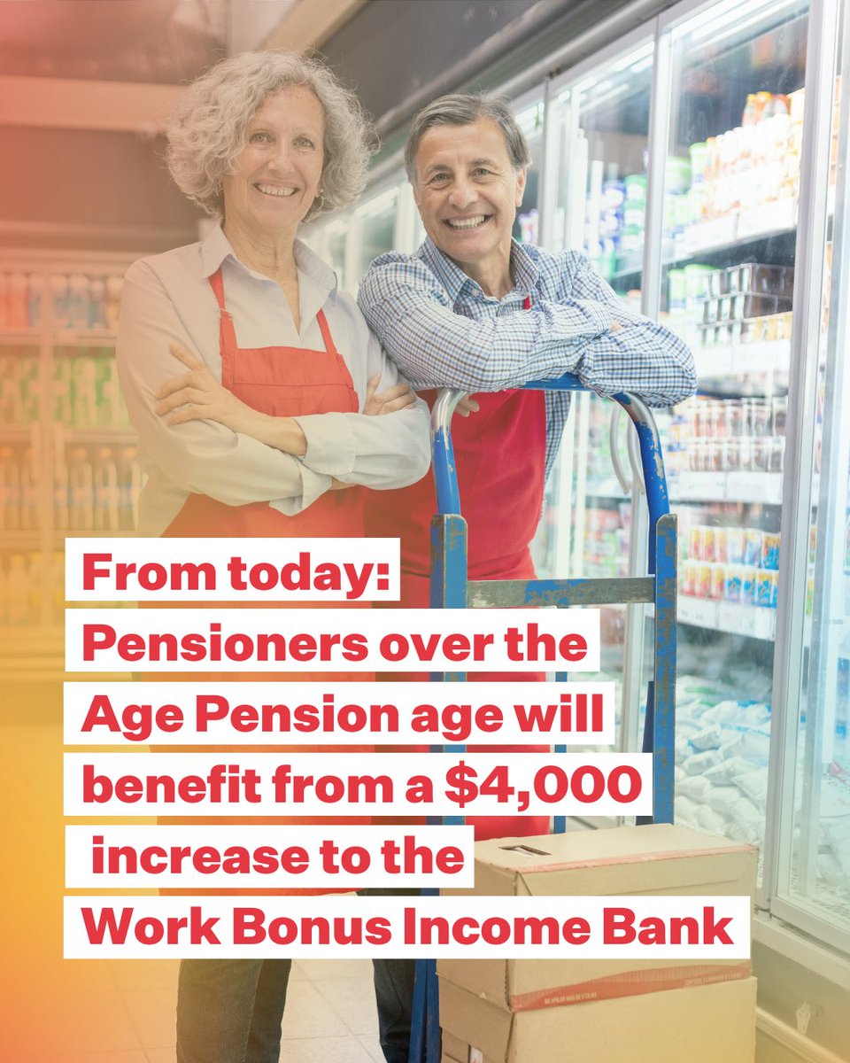Catbilyk's tweet photo. From 1 December 2022 (today) to 31 December 2023, pensioners over Age Pension age will benefit from an increase in the maximum #WorkBonus balance, from $7,800 to $11,800.
For more information visit https://t.co/WiCnIgudd5 https://t.co/WiCnIgudd5 https://t.co/3lVlBa1BF8