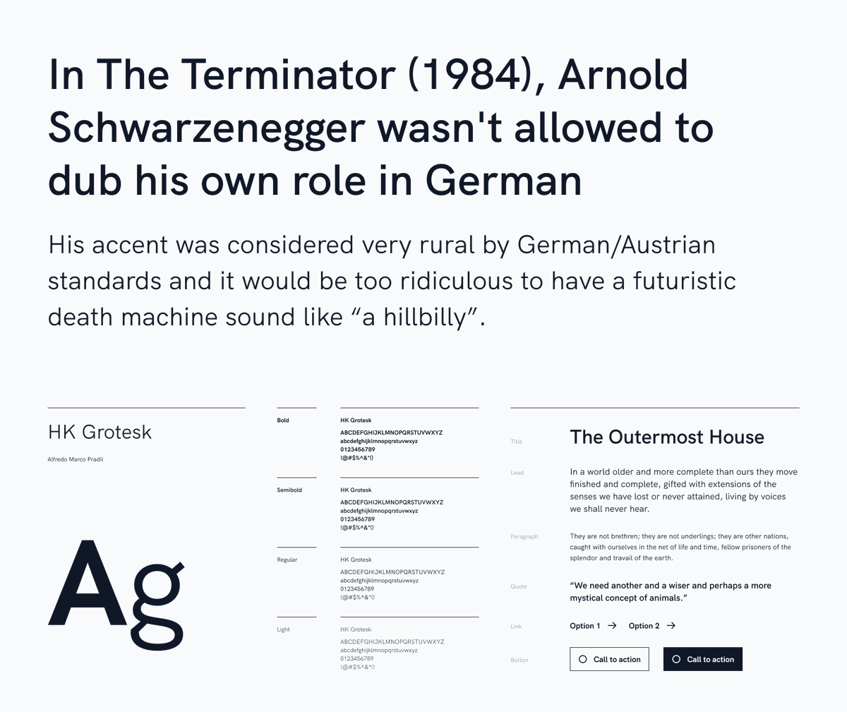 jordanphughes's tweet photo. 6. HK Grotesk

A gorgeous and neutral sans by @marcopradil and @hankendesign.

Inspired by "classical grotesques" and specifically designed for small text, making it great for UI design.

Paired below with my fav bogan Arnold Schwarzenegger fact.

👉 https://t.co/DsU2KWRt8o https://t.co/fllSjlIqGZ