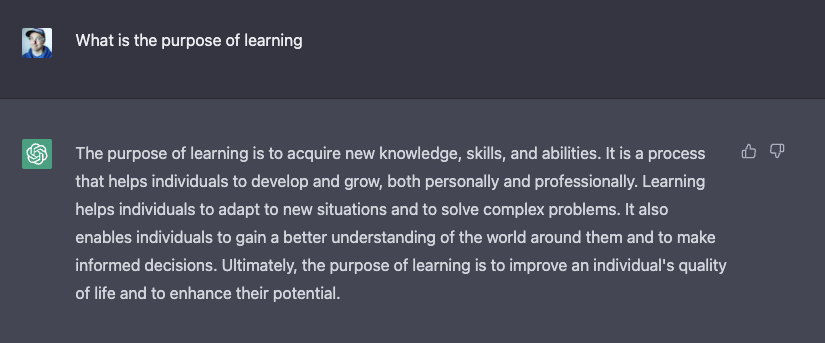 wakeupsilver's tweet photo. @sama Not bad -- totally reasonable and correct'ish. But missing some gumption. Maybe: "To learn is to come alive." https://t.co/ZoyH72P1s7