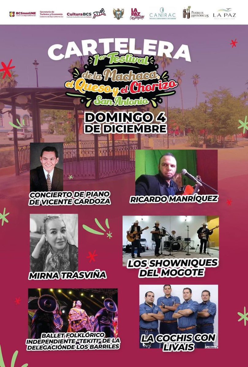 SECTURBCS's tweet photo. Conoce la cartelera completa preparada para este domingo 4 de diciembre en el #MaQueCho, primera edición del Festival de la Machaca, el Queso y el Chorizo de San Antonio.
Una gran oportunidad para disfrutar de las delicias gastronómicas realeñas en compañía de tu familia. 😎😎 https://t.co/rE2DR6Po5Q