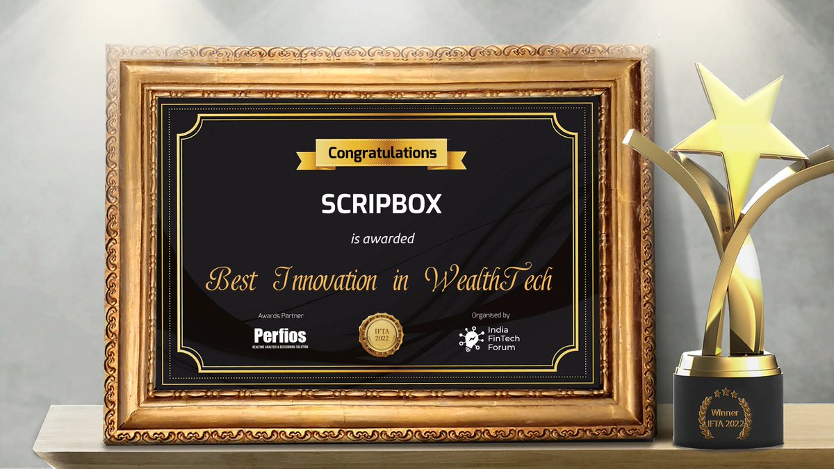 India_Fintech's tweet photo. Congratulations to the entire team of Scripbox on winning the prestigious IFTA 2022 Award for Best Innovation in WealthTech.
 
 @scripbox @atulshinghal  @sanjivsinghal  
#IFTA2022 #IndiaFinTechAwards #fintech #wealthtech #wealthmanagement https://t.co/rShb7aQunE