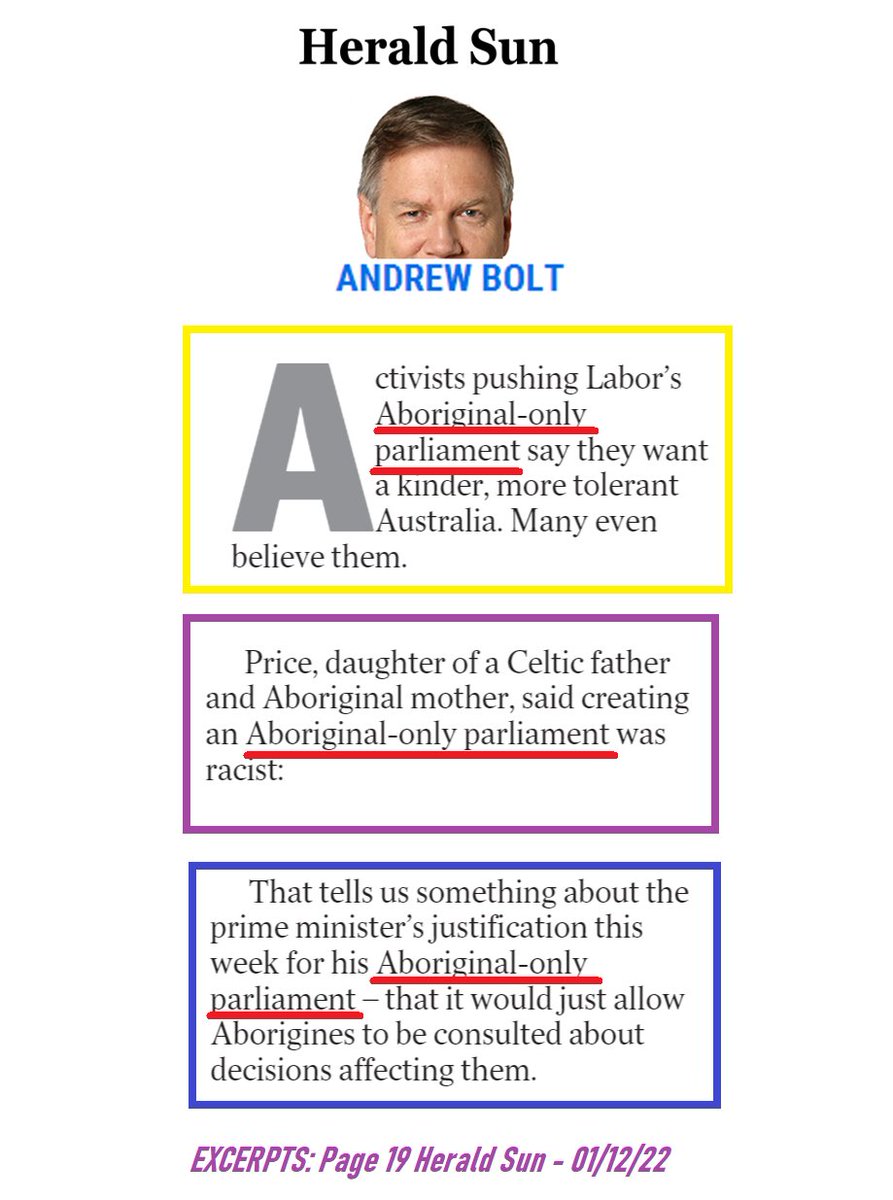 Today Rupert Murdoch's News Corp Herald Sun knowingly published a LIE. Andrew Bolt THREE times repeated the deliberate LIE. NEVER has an 'Aboriginal only Parliament' been proposed. Link to @AusPressCouncil complaints form ⬇️ forms.presscouncil.org.au/prod?entitytyp… #Auspol #afternoonbriefing