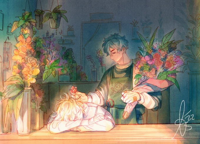 The florist's son and his stray cat. 