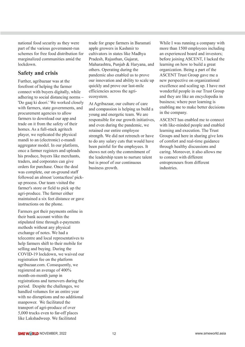 amithstar's tweet photo. The 7th edition of the #AscentConclave focuses on a super future where technology adaption is imperative to business success.

@AgribazaarA's success amid the COVID-19-led lockdown is testimony to this prediction. Proud to have our story featured in SME WORLD Magazine. https://t.co/EYd2G5uns7