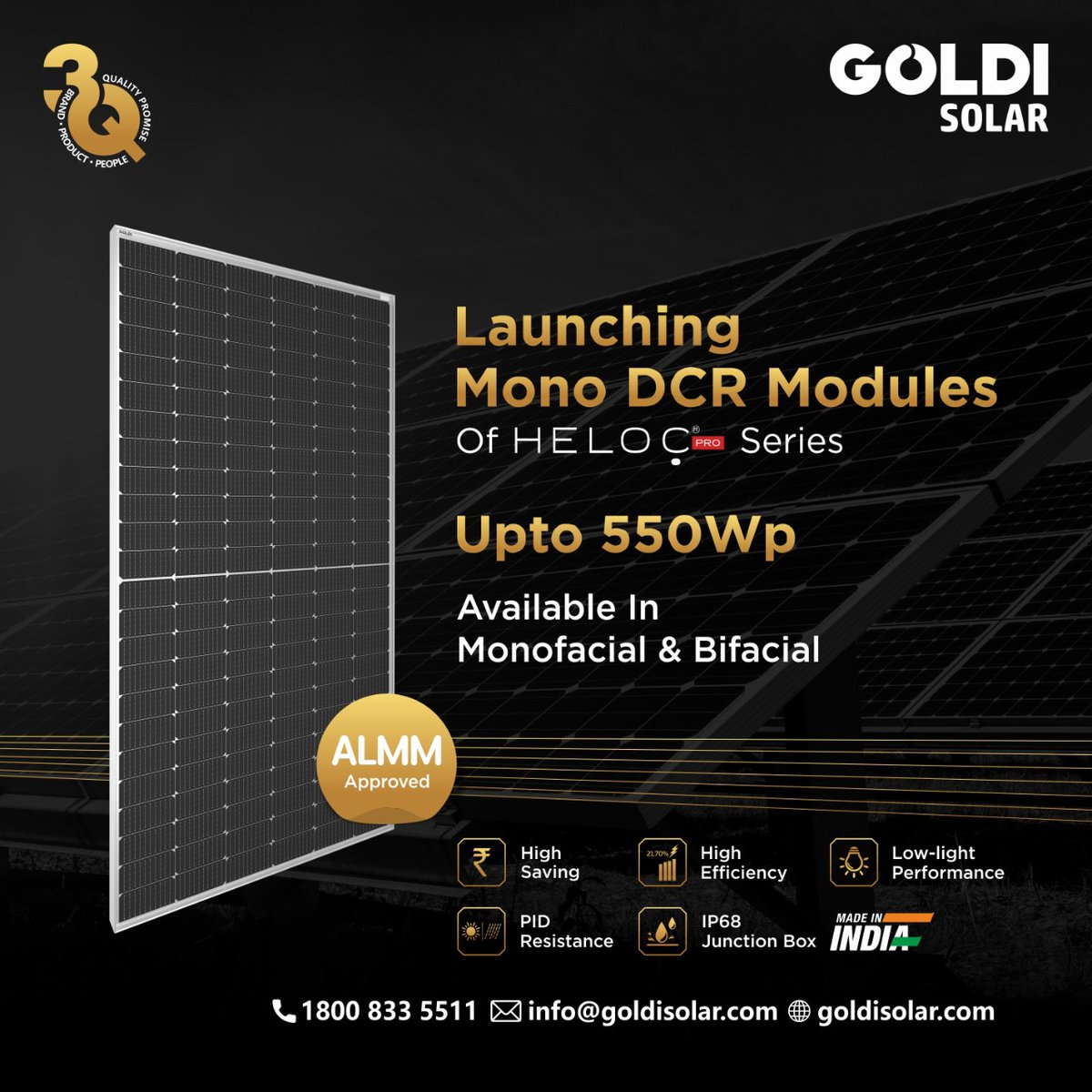 goldisolar's tweet image. Presenting mono DCR Modules of Helco Pro for higher efficiency
Available in Mono facial &amp;amp; Bifacial DCR modules up to 550Wp. 
For more inquiries, reach out to us on 1800 833 5511 or info@goldisolar.com. 
 #Goldisolar #DCRmodules #Helocpro #solarenergy #solarpanel #solarpower