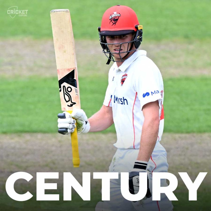 cricketcomau's tweet photo. Nathan McSweeney's stellar summer continues! That's his maiden first-class century 🔥
#SheffieldShield | #TASvSA