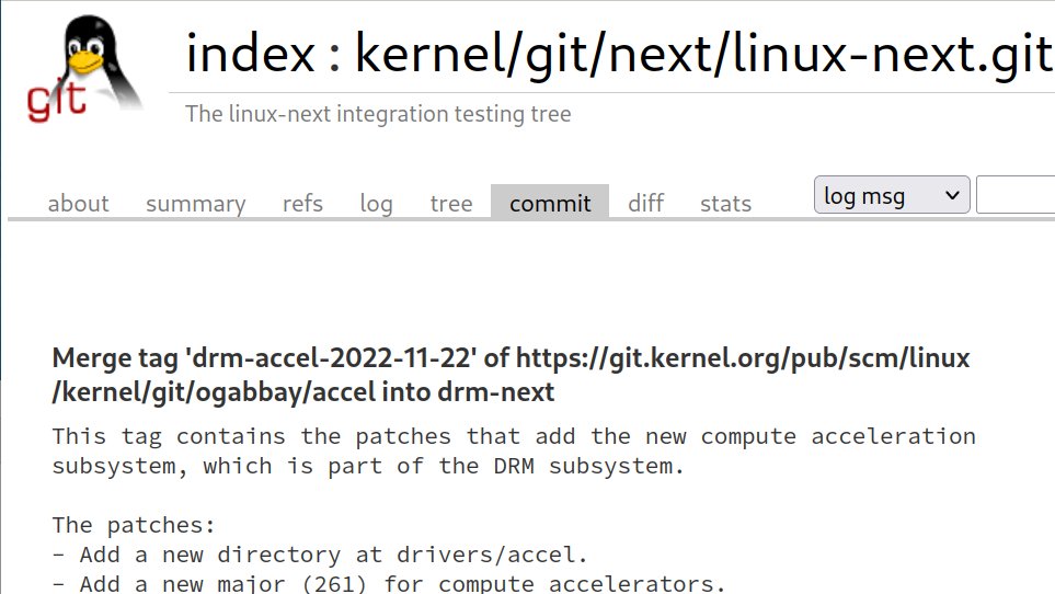 The new subsystem for compute accelerator devices ( airlied.blogspot.com/2022/09/accele…) is now in #Linux-next and thus slated for inclusion in #kernel 6.2: git.kernel.org/pub/scm/linux/… Congrats to everyone involved!