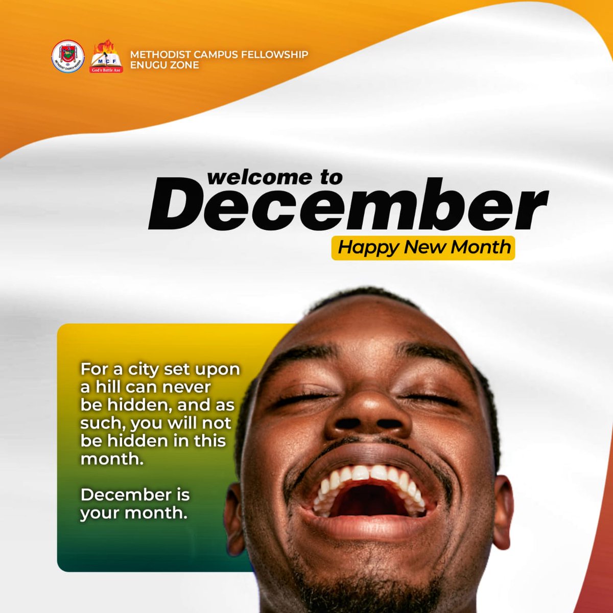 MCF Enugu zone welcomes you to the month of December.

You shall testify of God's divine mercy and blessing like never before.

 Your testimony go loud and e go sure!

 *December is your month!!!* 

Happy New Month Battle Axes!