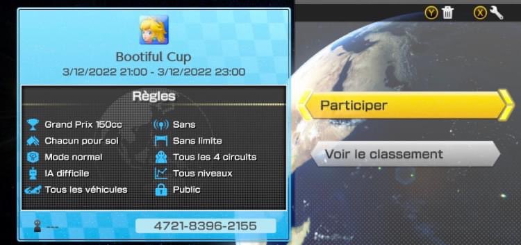 Ce samedi 3 Décembre de 21h à 23h. Bootiful Cup Mario Kart 8 Deluxe 😍

Code tournoi : 4721-8396-2155 😏
