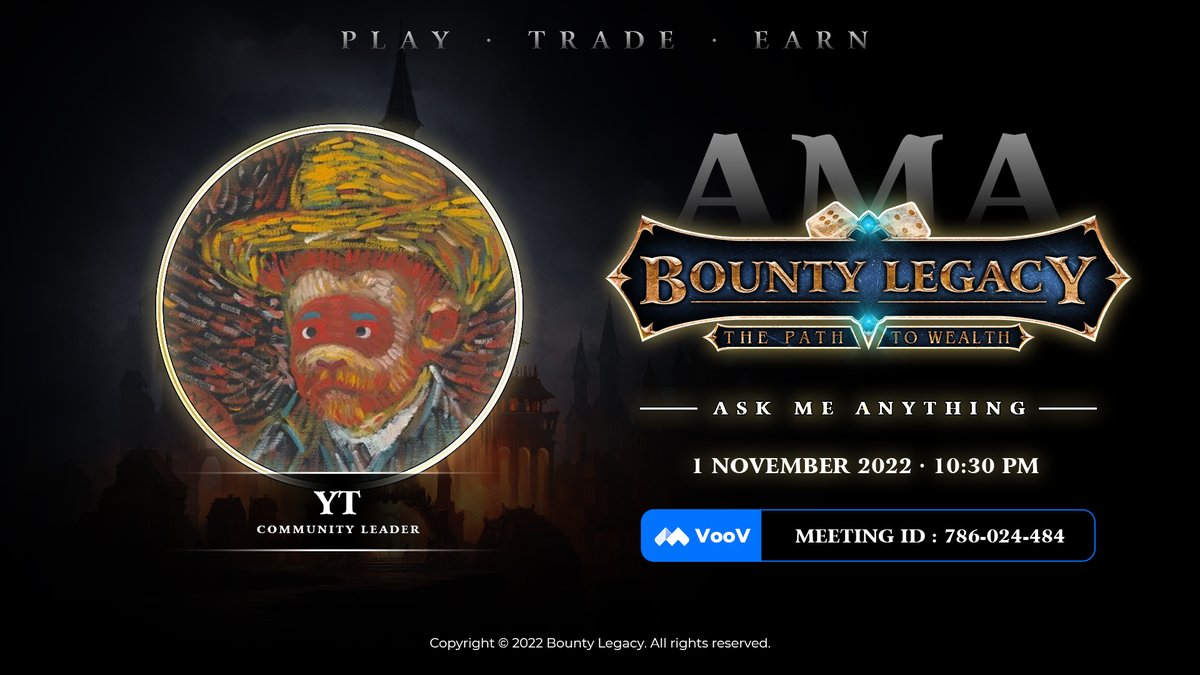 BountyLegacy's tweet photo. Bounty Legacy VOOV/ Tencent Meeting - AMA

Theme: Game Introduction and In-App Promotions
Date: 2022-12-1 10:30PM
VOOV Meeting ID: 786-024-484
AMA link: 
https://t.co/i8SyyfnhYf

Note: Please check out the offer at the AMA before signing up https://t.co/de6UlO4Aom