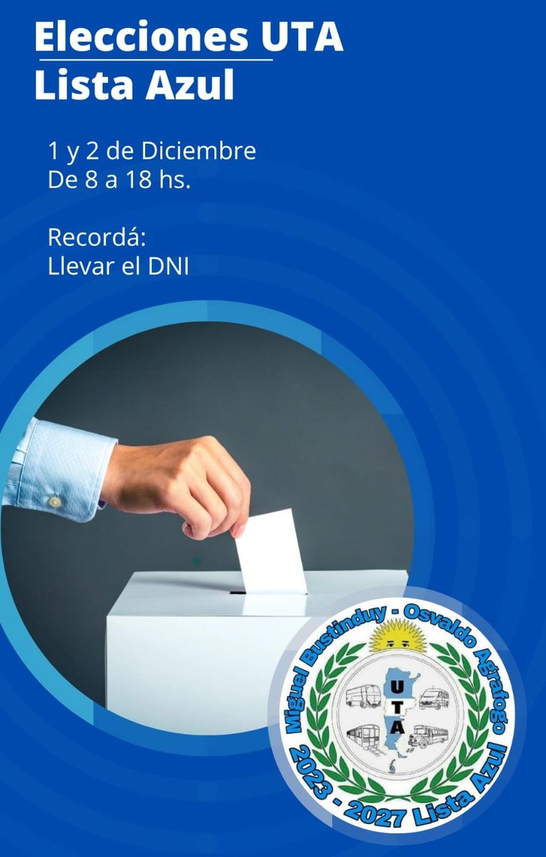✨Buen día!!!! Feliz día de democracia a todos!!🙌

 👉A hacerla valer, yendo a votar con tranquilidad, el DNI, elegir nuestros dirigentes 🗳y ser protagonistas de nuestro destino💪

✌️🇦🇷🗳💪✨️🚌🇦🇷🙋‍♂️🙋‍♀️