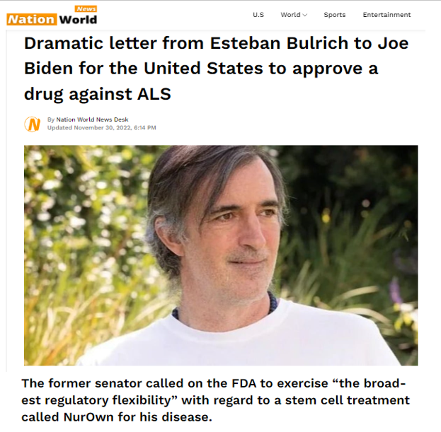 aVoice4ALS's tweet photo. Former #Argentinian Senator @estebanbullrich sends letter to @POTUS @JoeBiden, asking FDA to exercise "broadest of regulatory flexibility"when considering approval of #NurOwn for fatal #ALS

Trial met clinical &amp; statistical significance for people w ALSFRS-R scores of 27+

@WHCOS https://t.co/7xn0tLoHKk
