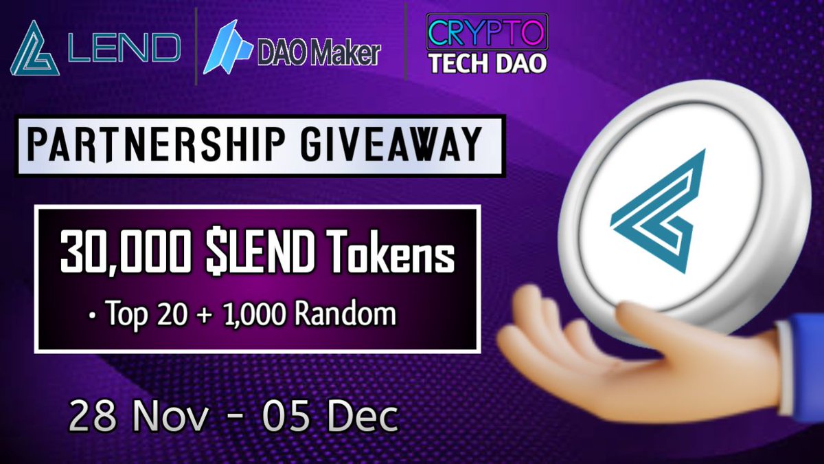 WhitelistIDOs (@whitelistidos) on Twitter photo LEND X DAOMaker X CryptoTech Massive Giveaway is now live
- Prize Pool: 30,000 $LEND Tokens + NFT
Read more details about <a href="/LEND_finance/">LEND.finance | Testnet...$ETH $BASE $S $MONAD</a> X <a href="/TheDaoMaker/">Bullish By DAO</a> X <a href="/CryptoTechDAO/">Crypto Tech DAO</a> Massive Giveaway:
whitelistidos.com/lend-giveaway/
#IDO #whitelist #BNB #bsc #nft #gamefi #IGO #Airdrop LEND X DAOMaker X CryptoTech Massive Giveaway is now live
- Prize Pool: 30,000 $LEND Tokens + NFT
Read more details about <a href="/LEND_finance/">LEND.finance | Testnet...$ETH $BASE $S $MONAD</a> X <a href="/TheDaoMaker/">Bullish By DAO</a> X <a href="/CryptoTechDAO/">Crypto Tech DAO</a> Massive Giveaway:
whitelistidos.com/lend-giveaway/
#IDO #whitelist #BNB #bsc #nft #gamefi #IGO #Airdrop