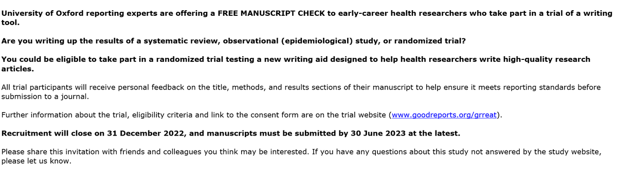 Good_Reports's tweet photo. .@authoraid @ndorms @CHAIN_Network 
Unique opportunity for early-career health researchers!  
Recruitment to @Good_Reports @EQUATORNetwork Trial https://t.co/4mpDo6Xzi5 is closing soon
Please forward to colleagues &amp; networks to reach authors currently writing up for publication https://t.co/DD2n2C1fql
