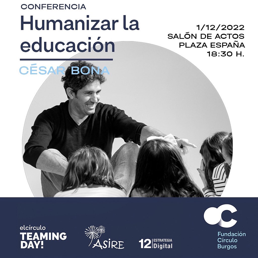 En el <a href="/teamingday/">Teaming Day</a> de esta tarde tendremos la suerte de contar con <a href="/cccesssarrr/">César Bona</a> para hablar de ‘Humanizar la educación’.

📍Os esperamos a las 18.30h en el salón de actos de la Fundación Círculo (Plaza de España, 3). 

👥 Sesión únicamente presencial, sin Streaming.