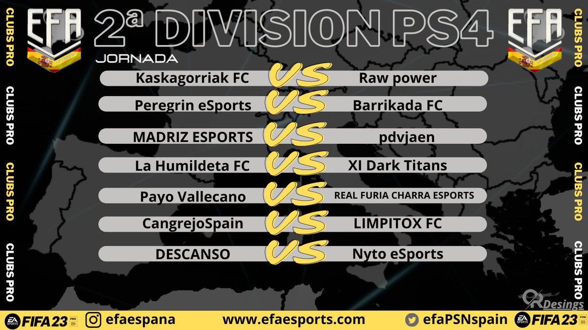 💥EFA PSN ESPAÑA💥
#2DivEFAEspañaPs4
📅Jornada 01/12/22
<a href="/kaskagorriak/">🔴🟢Kaskagorriak FC🔴🟢</a>
<a href="/Rawpowersports/">🦉RAW POWER SPORTS🦉</a>
<a href="/PRGRN_eSports/">Peregrín eSports</a>
<a href="/BarrikadaFc/">BARRIKADA FC</a> @madrizesports
@LaHumildetaFC @XIDarkTitans
<a href="/PayoVallecano/">Payo Vallecano</a>
<a href="/_FuriaCharra/">Furia Charra eSports</a>
<a href="/cangrejospain/">CangrejoSpain eSport</a>
<a href="/LimpitoxFC/">LIMPITOX FC</a>
<a href="/Nyto_eSports/">Nyto eSports ❤️ 🖤</a>
Los equipos que faltais, un ❤ y follow por fa!!
