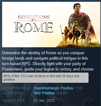 Recent review of Expeditions: Rome reached 96% on Steam. We thank our fans for their support.