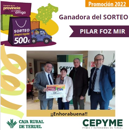 El premio de la campaña de compras de la Tarjeta Amiga recayó este año en Torrecilla de Alcañiz, la ganadora de la campaña fue Pilar Foz Mir que realizó sus compras en el comercio Alimentación Torrecilla, una tienda miembro de la Asociación Empresarial del Mezquín-Bajo Aragón.