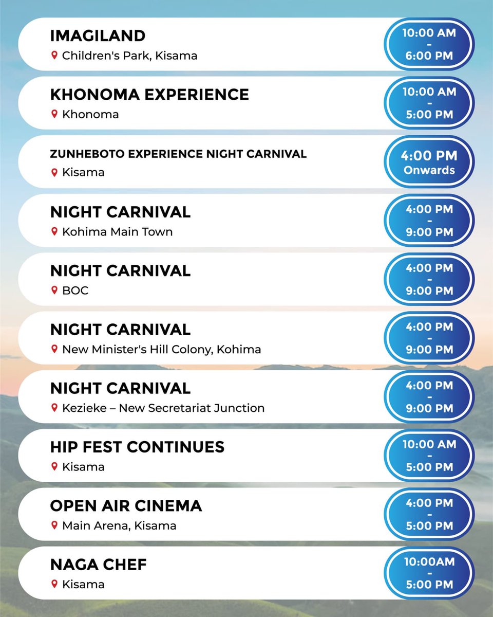 Hkhehoviy's tweet photo. Hornbill Festival- Day 2 Schedule📝

#Repost| @tourismdeptgon

#hornbillfestival2022 #hornbillfestival #nagaland #hornbill #landoffestivals #december #celebration #activities #music #culture #heritage #landscapes #tourism #nagalandtourism #nagaculture #beingnaga https://t.co/klefgVTQne