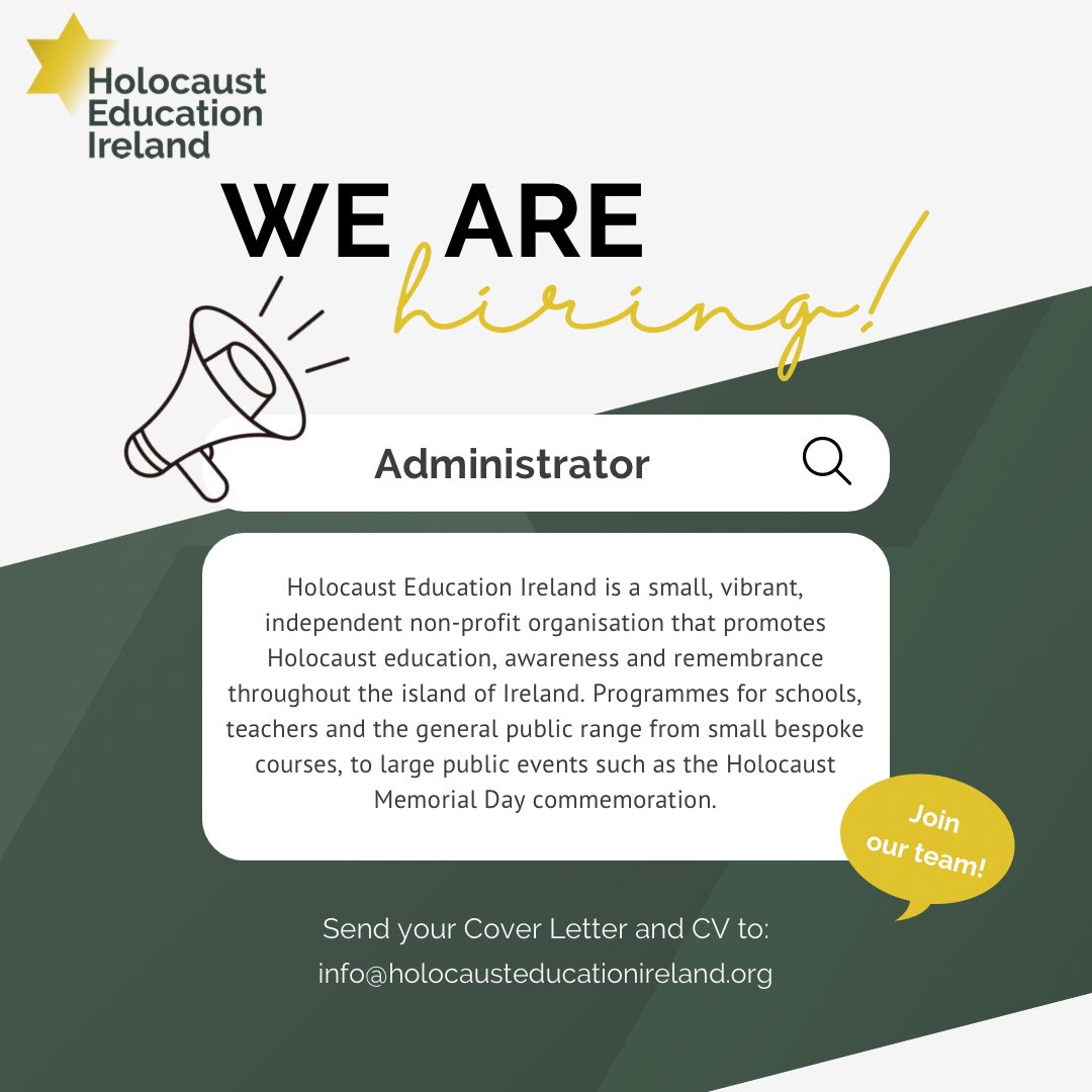 Holocaust Education Ireland is looking for a full-time Administrator to assist in the general administration of the busy office.

If you are interested in the role please email info@holocausteducationireland.org for further information.

#jobfairy