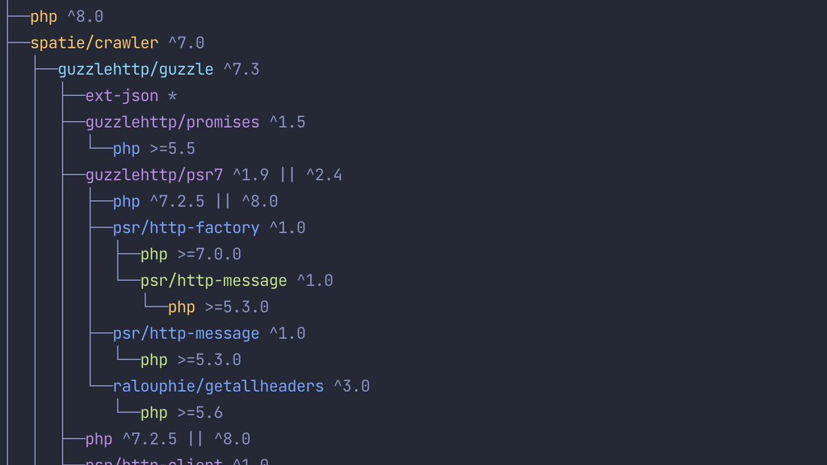joedixon's tweet photo. Need to find out which dependency is installing another dependency?

`composer show -t` is your friend https://t.co/IKUfcLCOJz