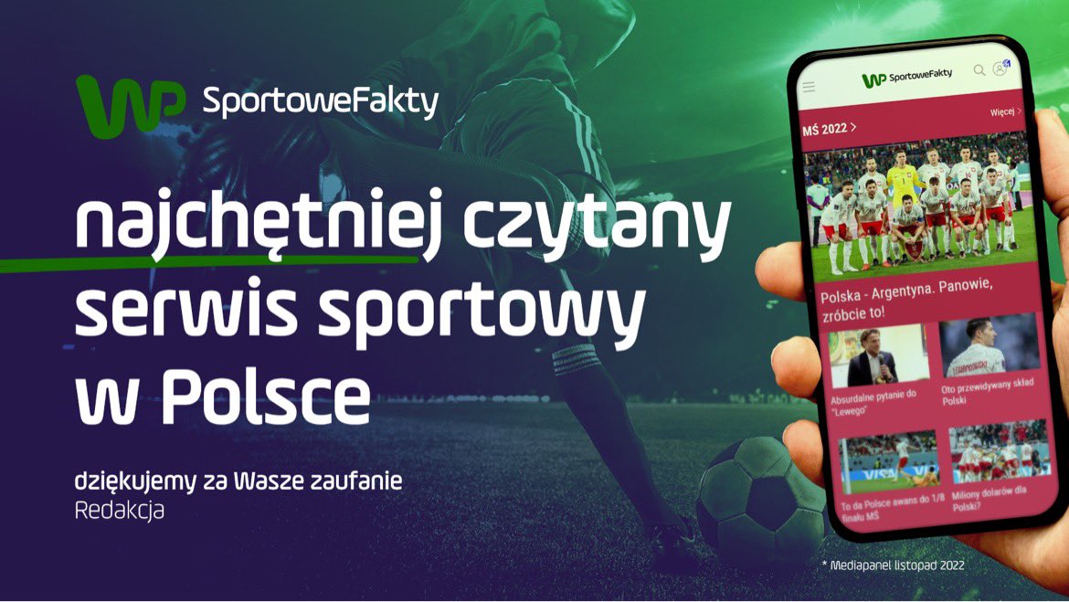 pawel_kapusta's tweet photo. 10,3 mln - tyle użytkowników odwiedziło w listopadzie - kluczowym miesiącu tego roku ze względu na mundial - serwis @WPSportoweFakty. Wynik potężny, żaden inny serwis nie zbliżył się nawet do takich liczb. Gratulacje dla ekipy na rece @gora_dawid, duma że gram w takiej drużynie! https://t.co/Fx7SHOb6TG