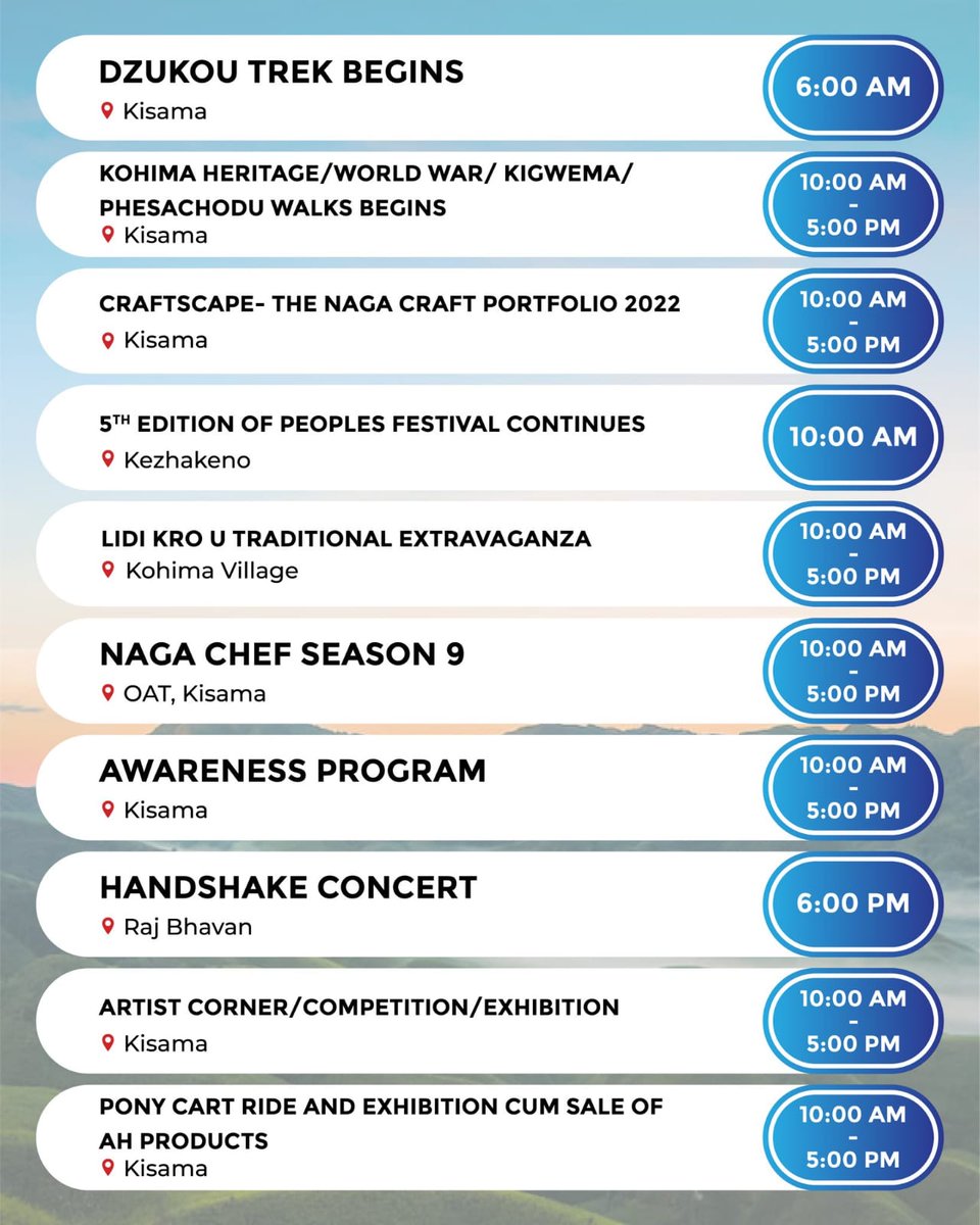 Hkhehoviy's tweet photo. Hornbill Festival- Day 2 Schedule📝

#Repost| @tourismdeptgon

#hornbillfestival2022 #hornbillfestival #nagaland #hornbill #landoffestivals #december #celebration #activities #music #culture #heritage #landscapes #tourism #nagalandtourism #nagaculture #beingnaga https://t.co/klefgVTQne